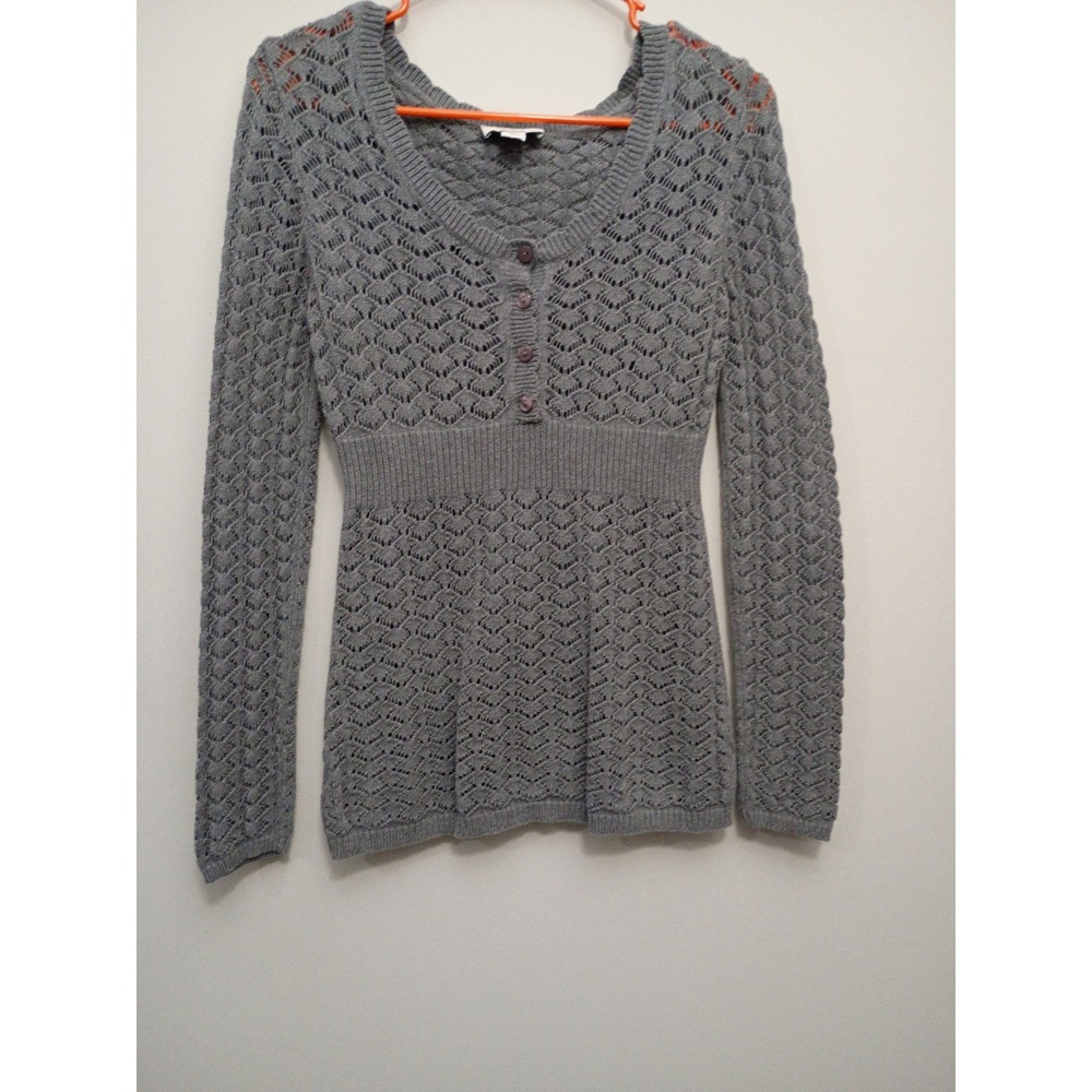 Ann Taylor LOFT XS Gray Crochet Cotton Y2K Baby Henley Sweater Empire Bella Swan